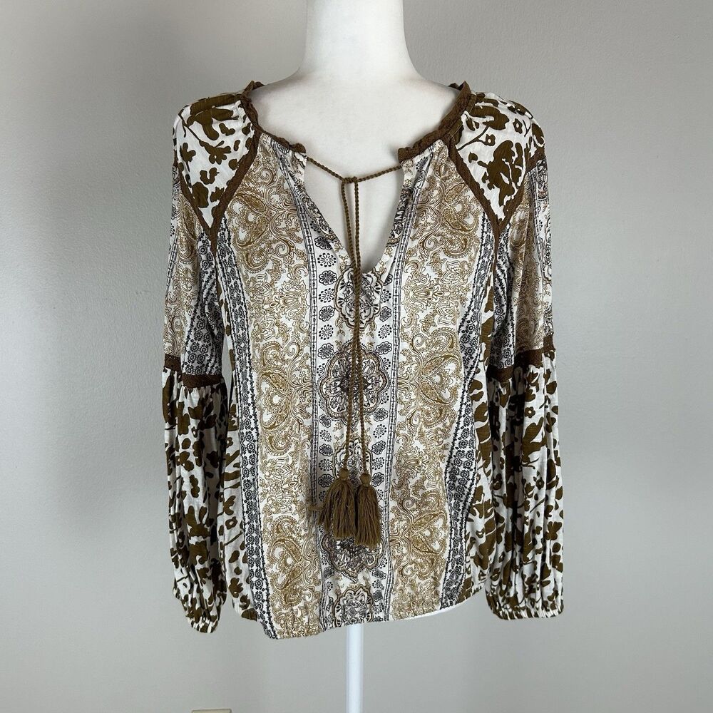 Peasant Top Blouse Tassel M Cow Print Patchwork Paisley Boho Eclect Western